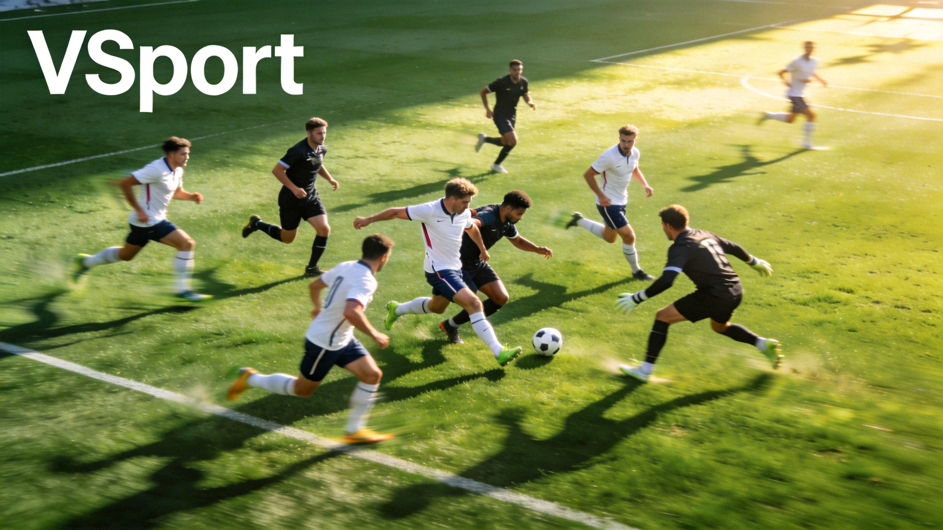 VSport全屏横幅背景：绿茵场上足球运动员激烈角逐的瞬间